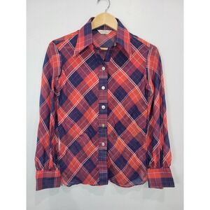 Vtg Lady Wrangler Plaid Button Up Shirt Red Navy Blue Long Sleeve Collared Sz 36